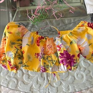 H&M Yellow Ruched Blouse with Tie Front and Peter Pan Collar